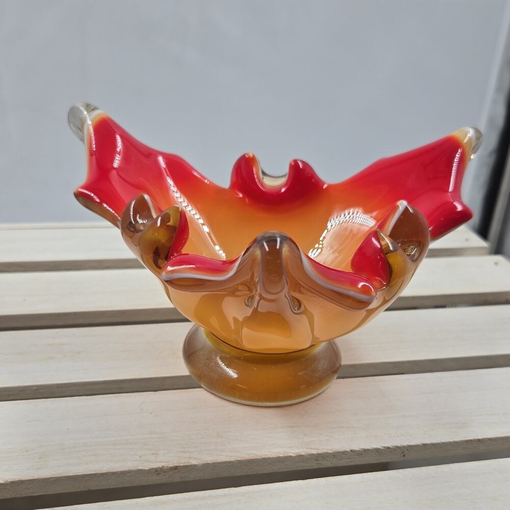 Murano Style Red & Amber Art Glass Pedestal Ashtray/dish Triangular Ruffled Edge
